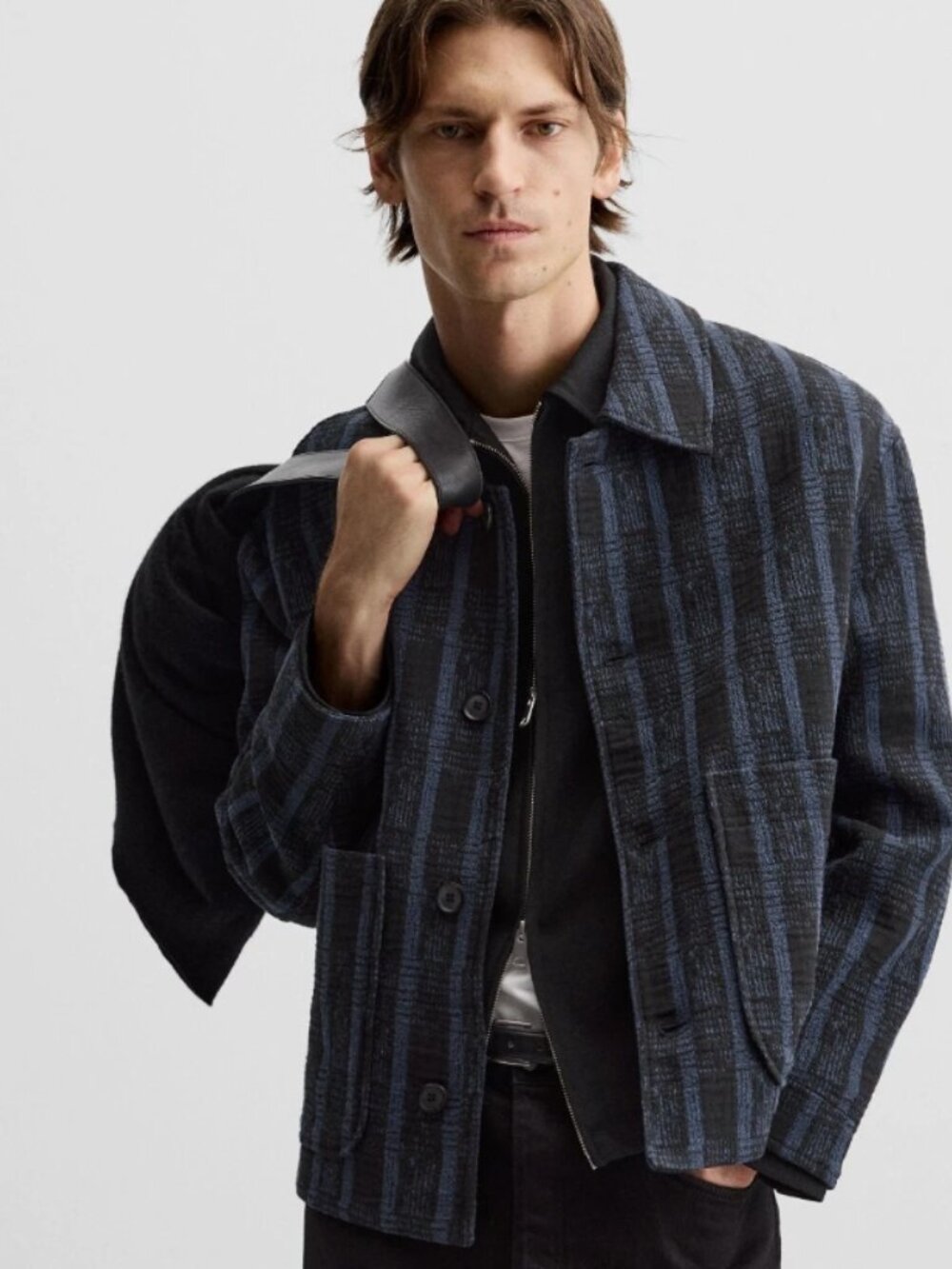 Zara men’s woven strip navy and black jacquard jacket loose fit L